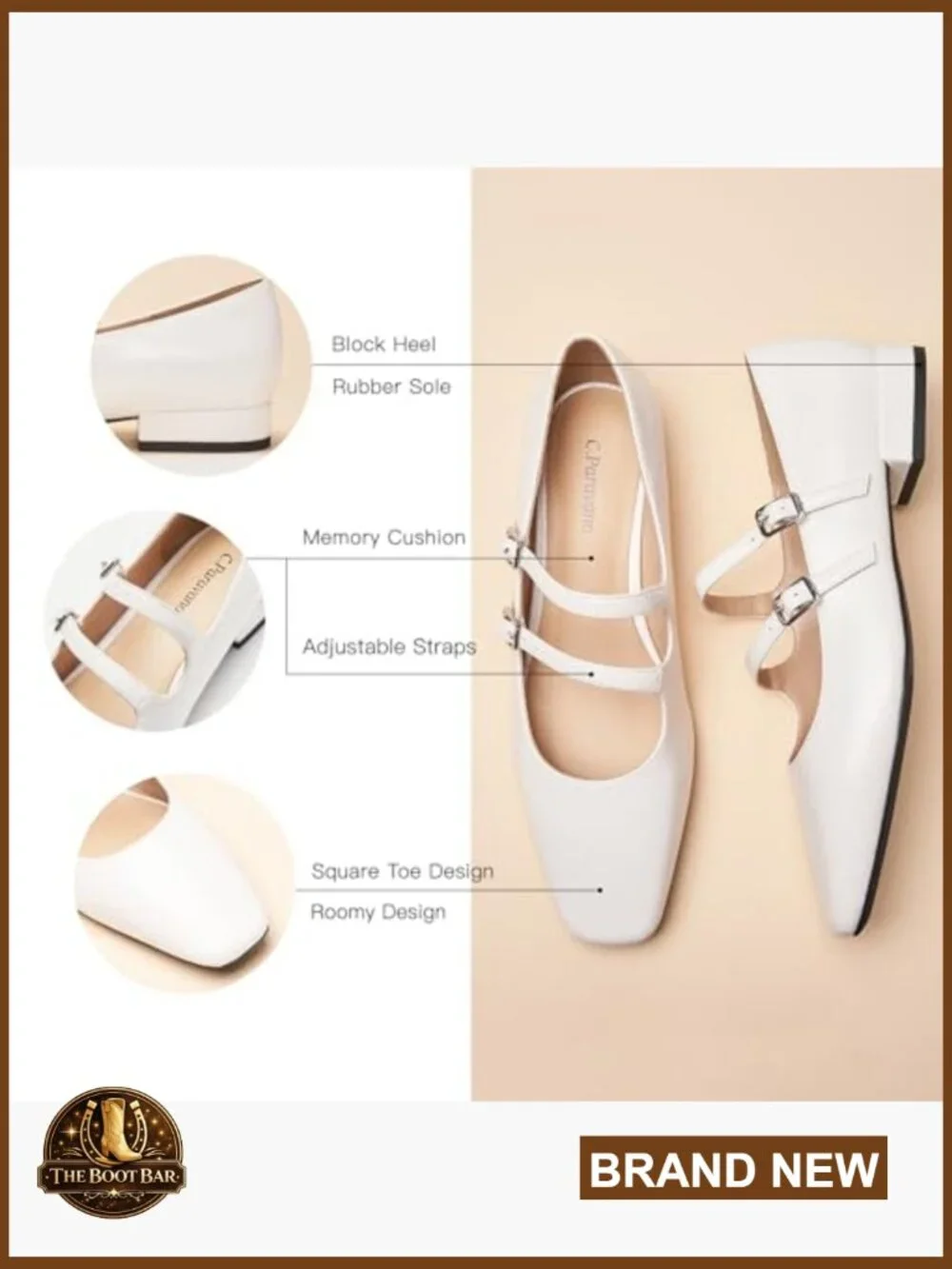 Women's Mary Jane Ballet Flats Square Toe Block Heel Adjustable Straps - Picture 4 of 7